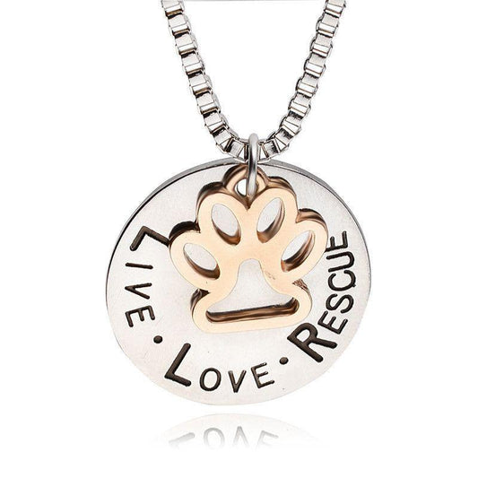 "Live Love Rescue" Gold Paw Necklace-DogsTailCircle