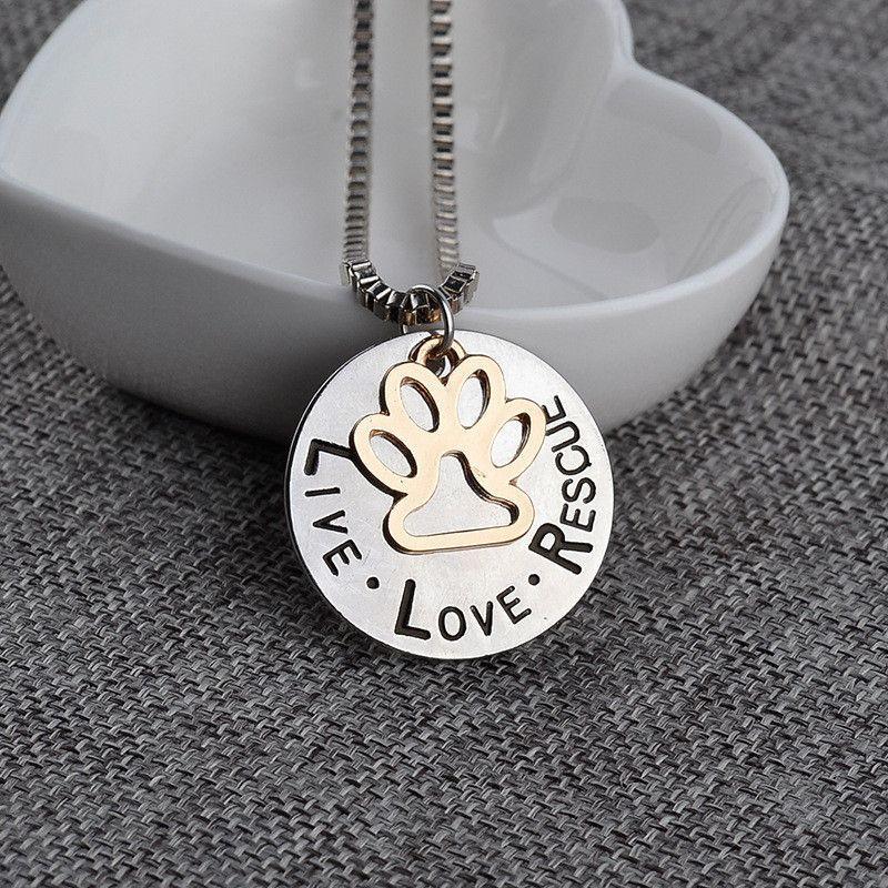 "Live Love Rescue" Gold Paw Necklace-DogsTailCircle