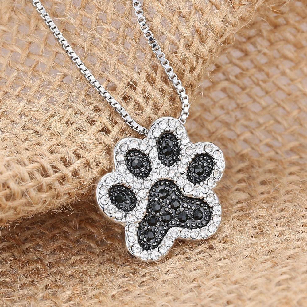 Silver Plated Black and White Crystal Rhinestone Dog Paw Necklace-DogsTailCircle